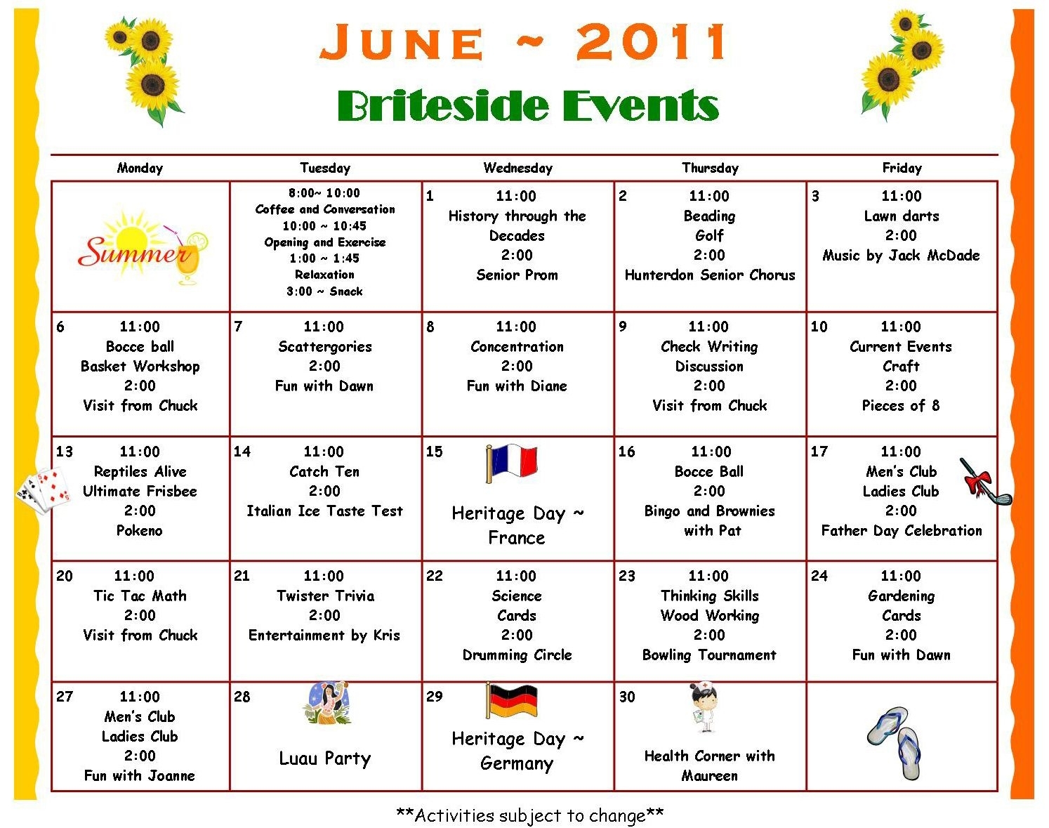Day Program Activity Calendar