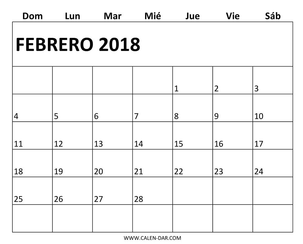 Calendario 2018 Febrero Para Imprimer | Calendario 2018