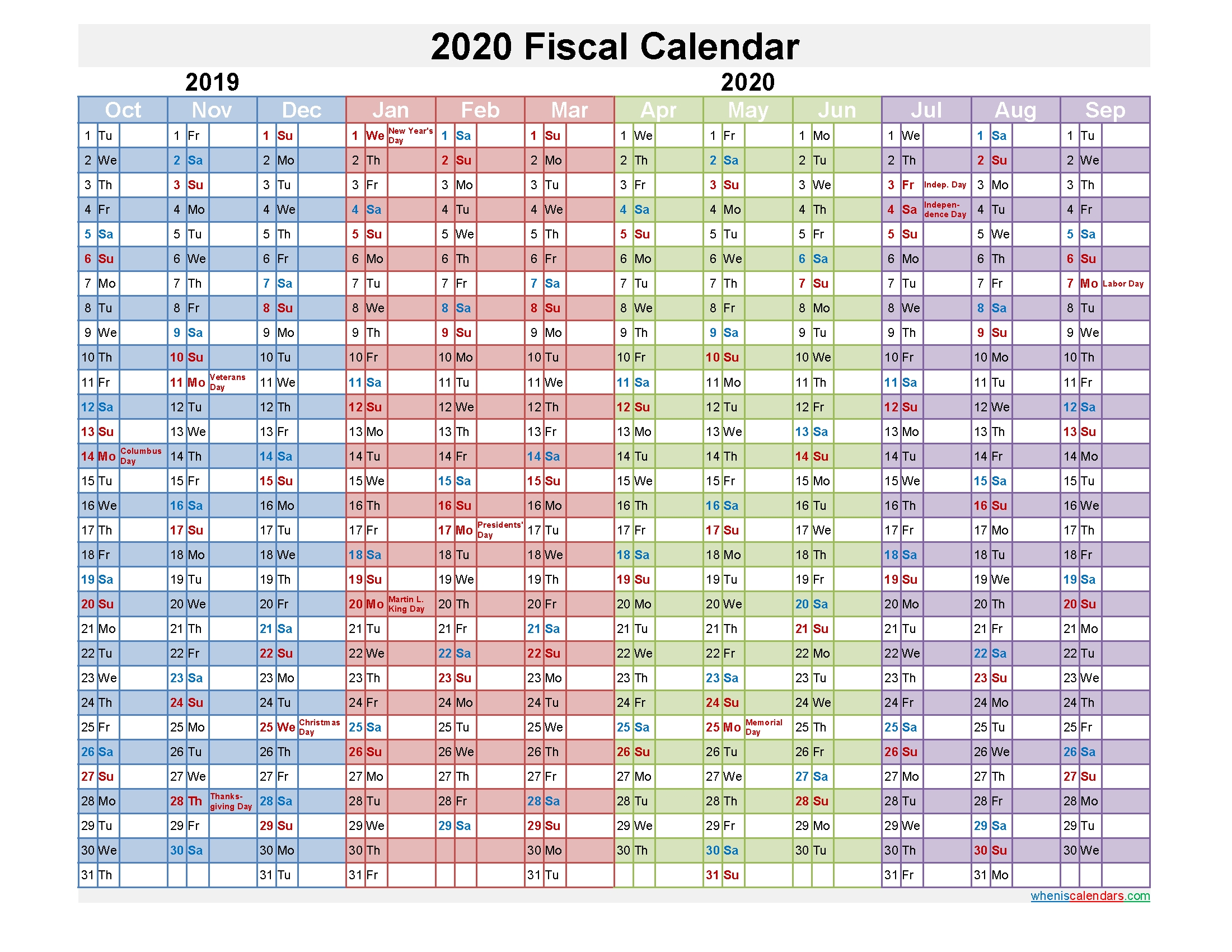 Fiscal Calendar 2020 Federal Fiscal Year - Template No