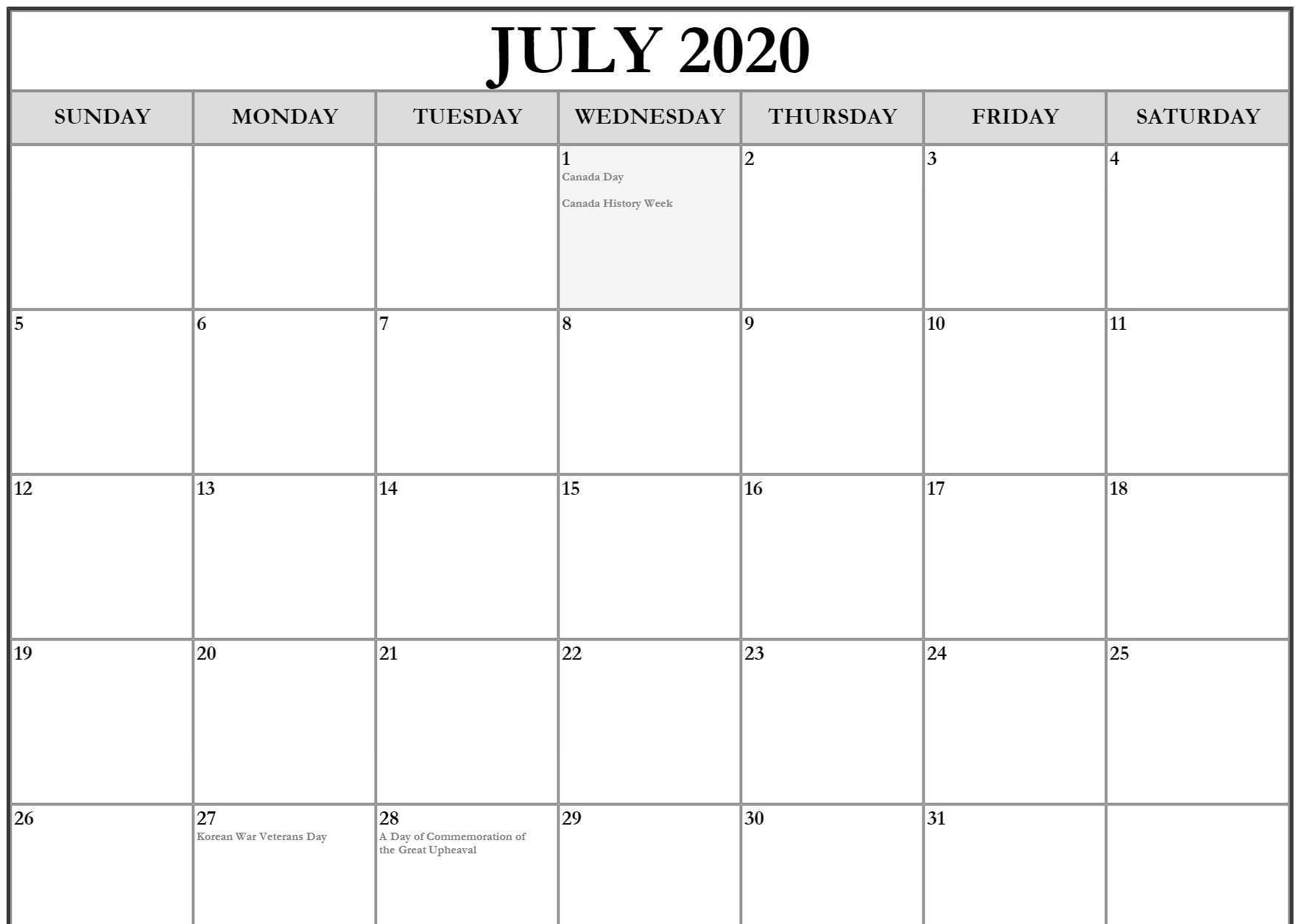 Free July Holidays 2020 Calendar Printable For Usa Uk Canada