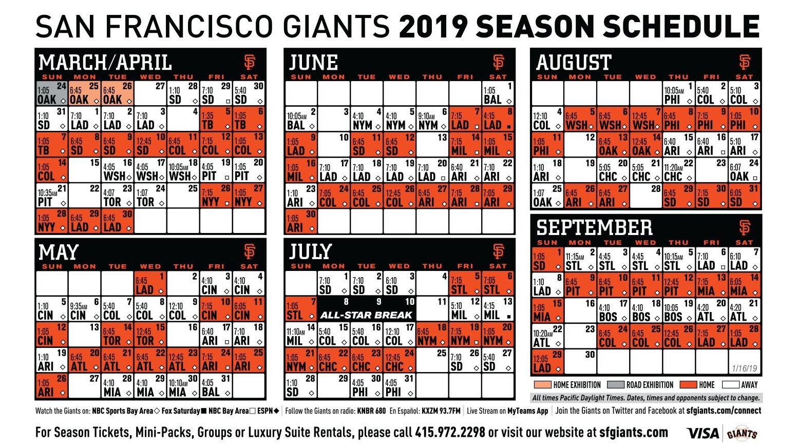 Giants 2019 Printable Schedule | San Francisco Giants