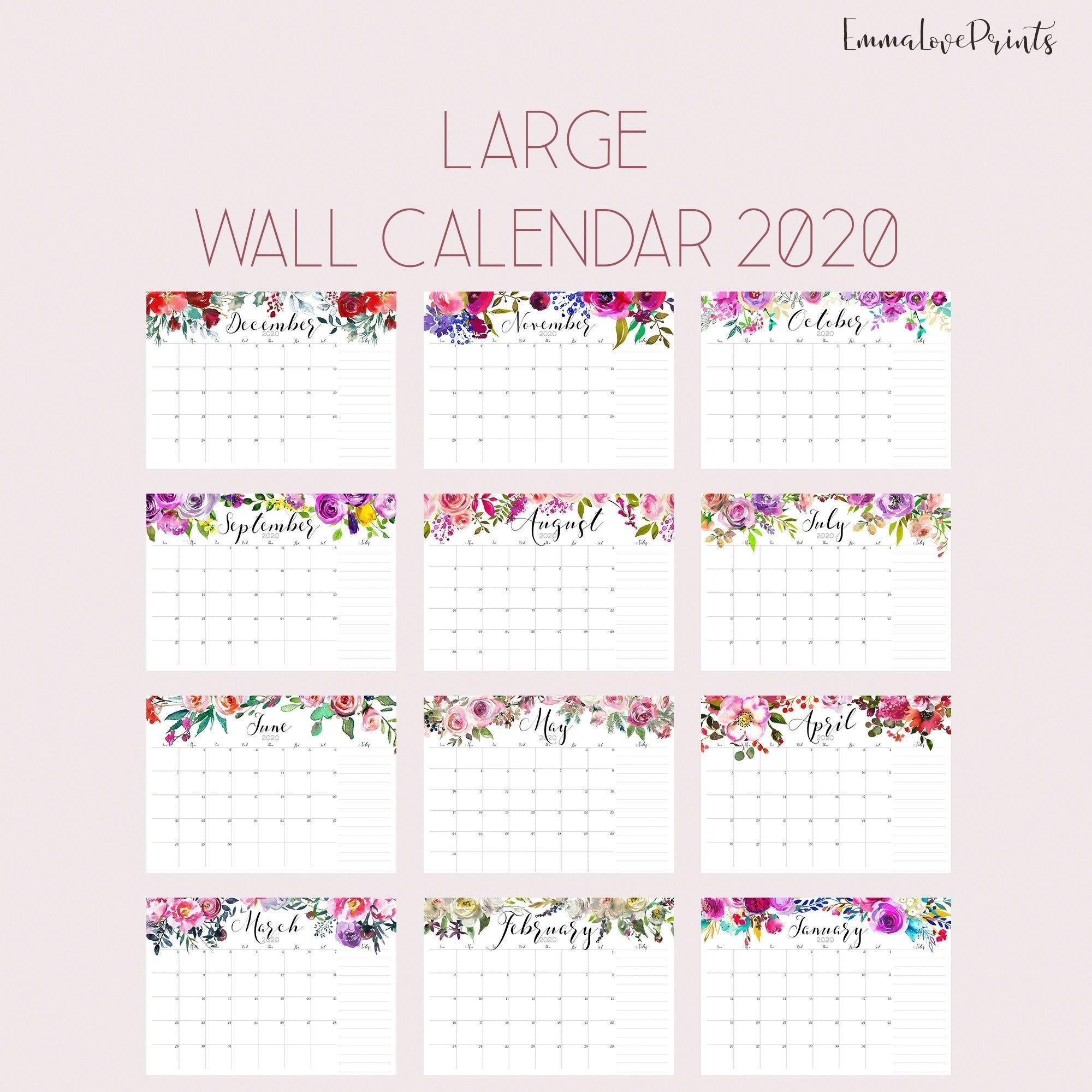 Large Wall Calendar 2020, Watercolor Calendar, A3 Calendar