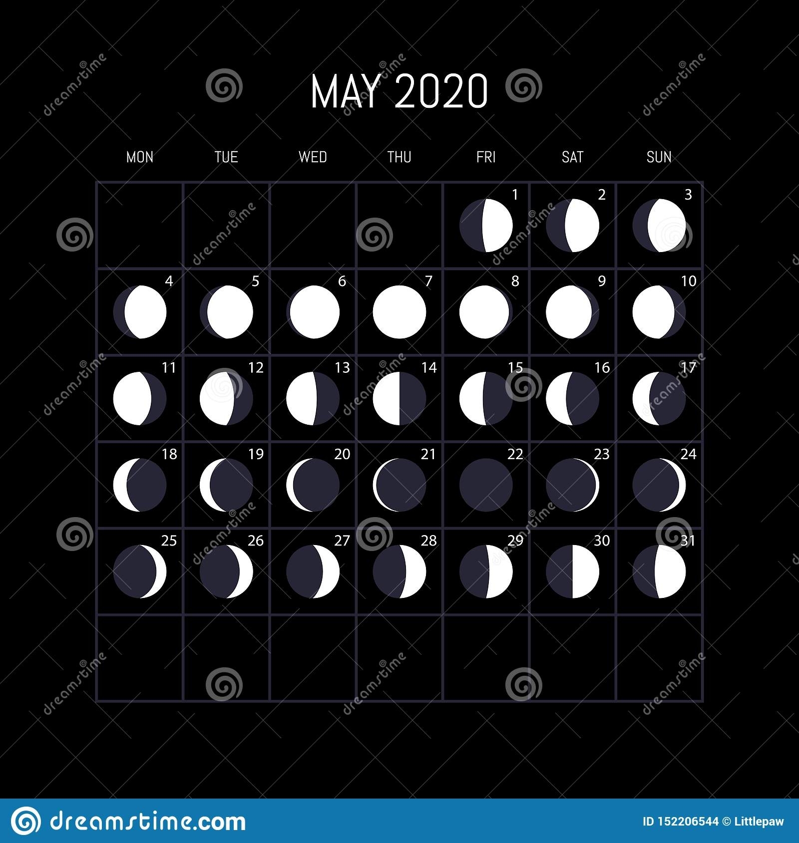 Moon Phases Calendar For 2020 Year. May. Night Background