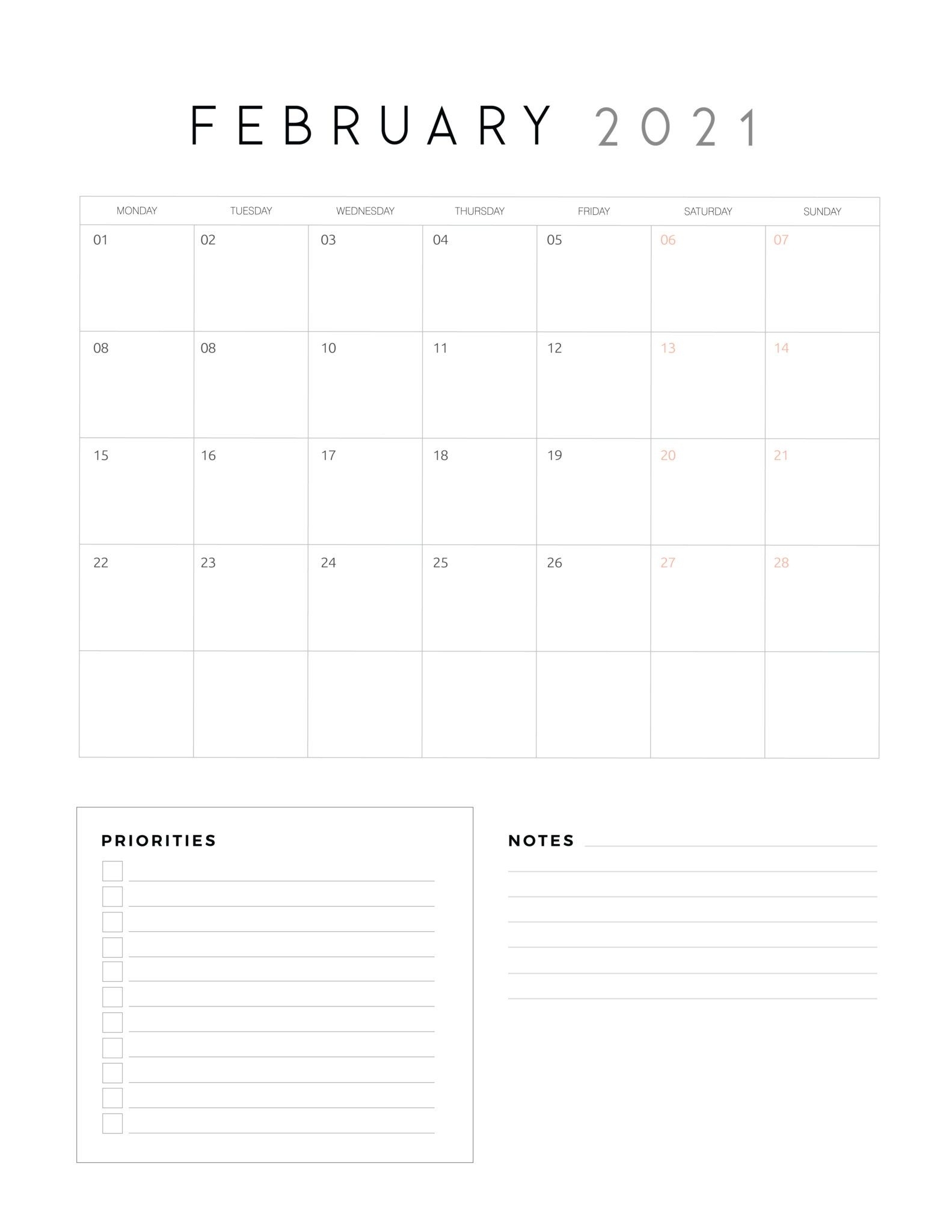 2021 Calendar With Priorities And Notes - World Of