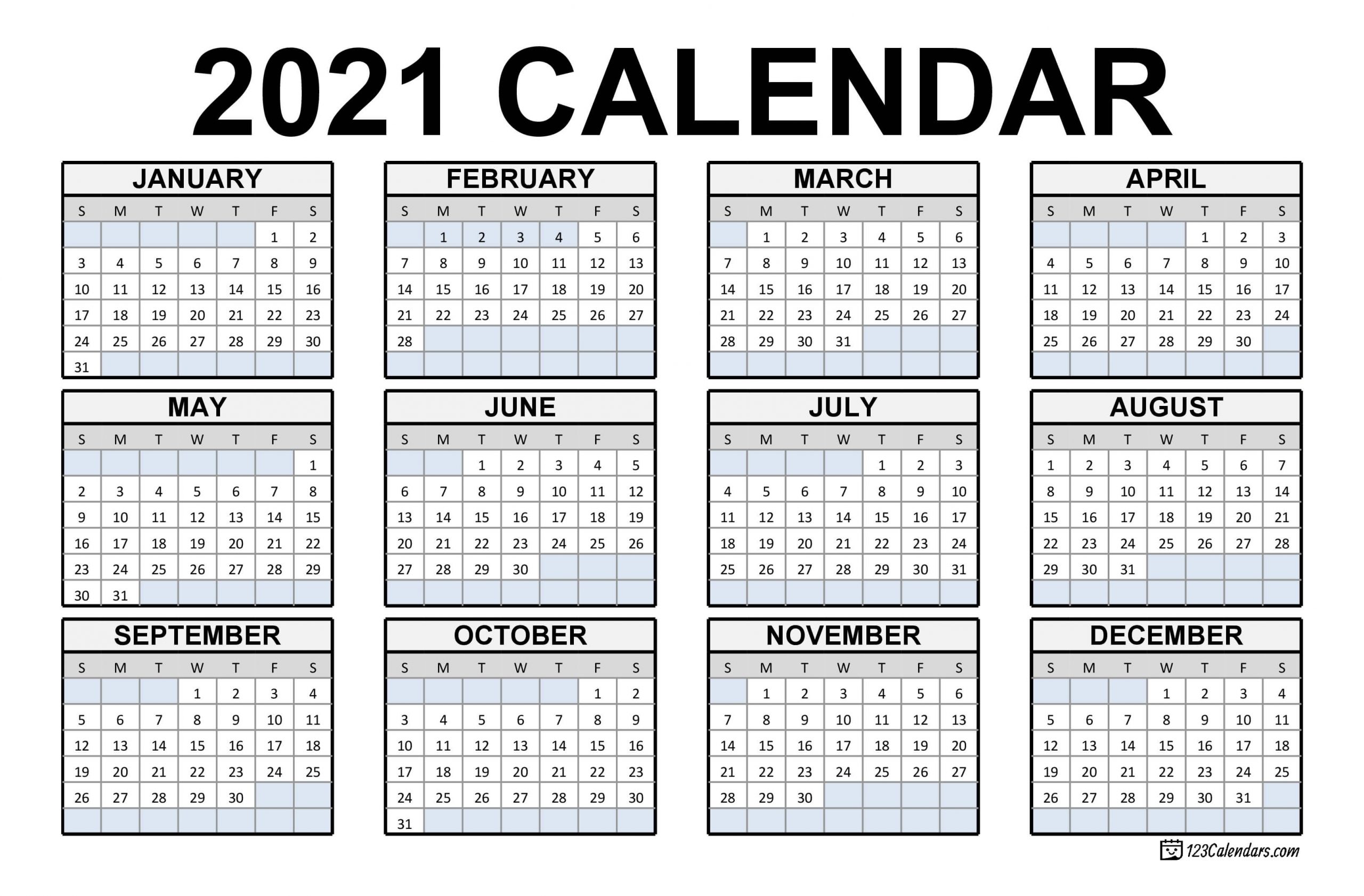 Free 2021 Printable Monthly Calendar With Holidays Word Pdf Landscape ...
