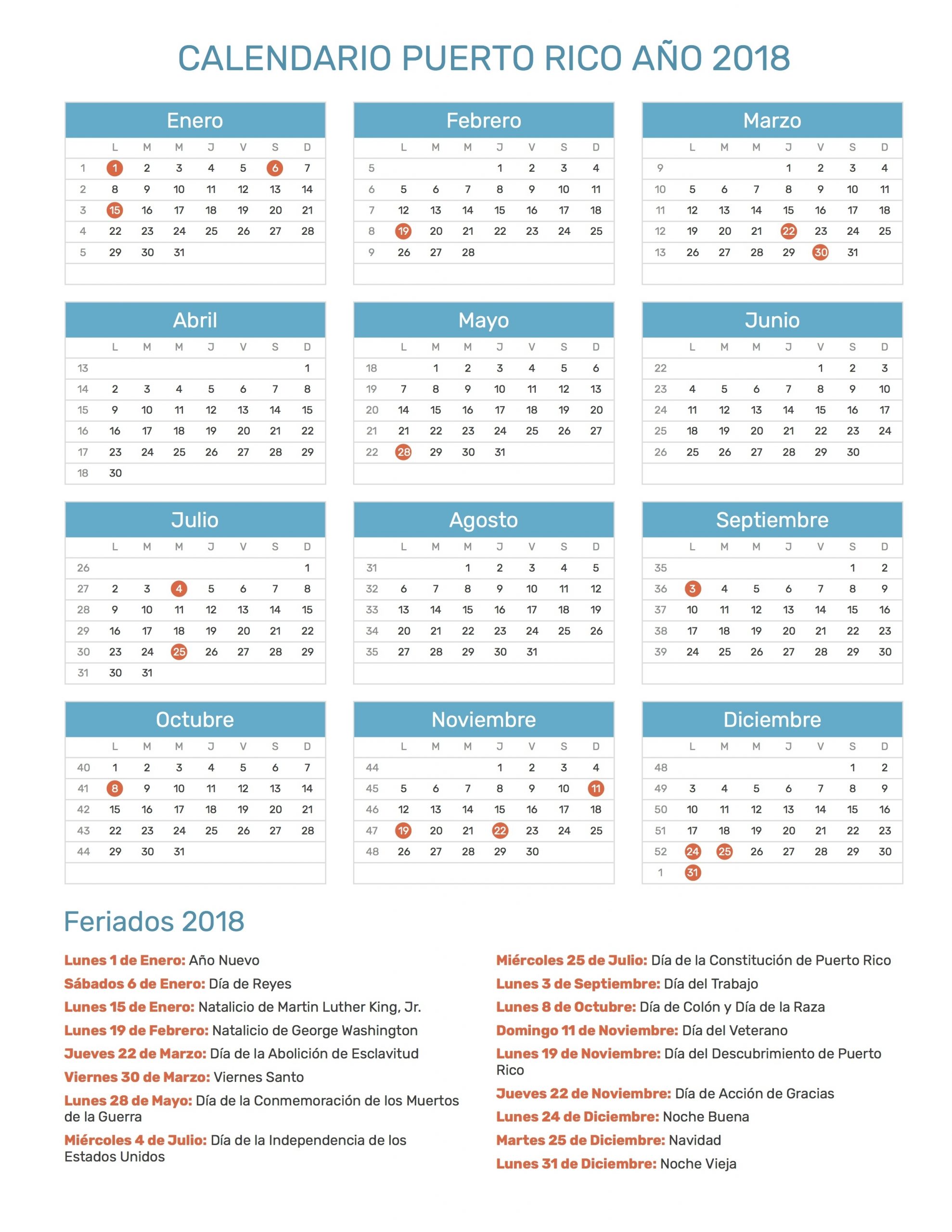 Calendario De Puerto Rico Año 2018 | Feriados