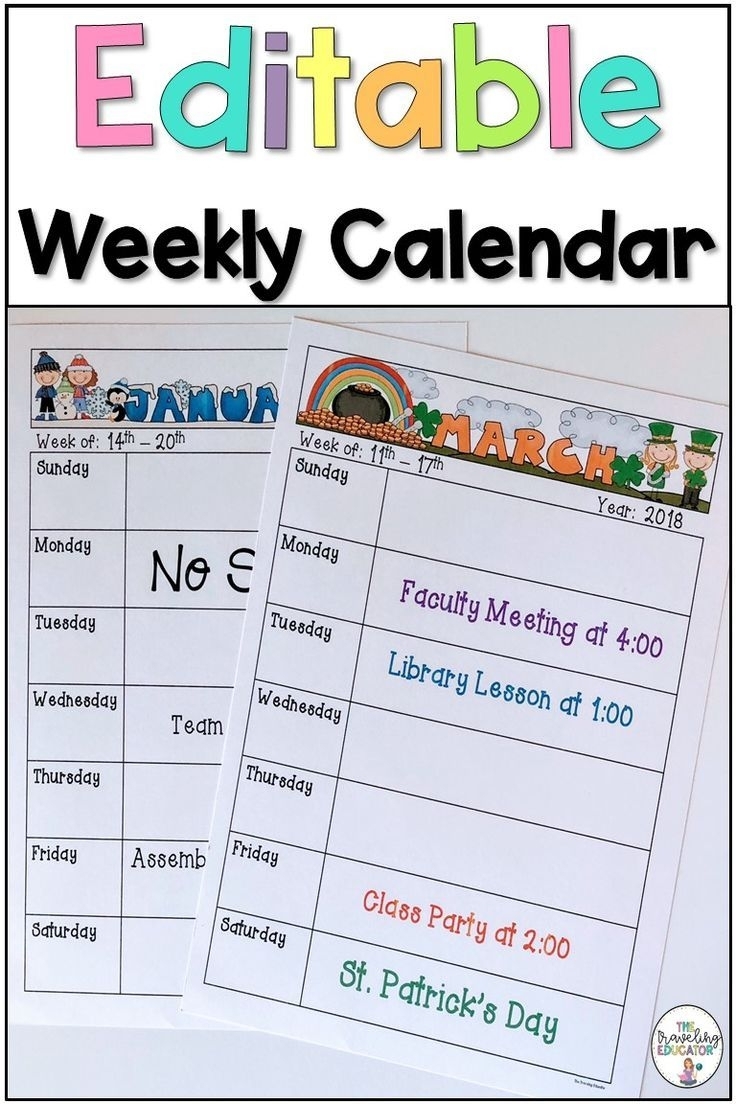 Weekly Calendar Template (Editable) In 2020 | School