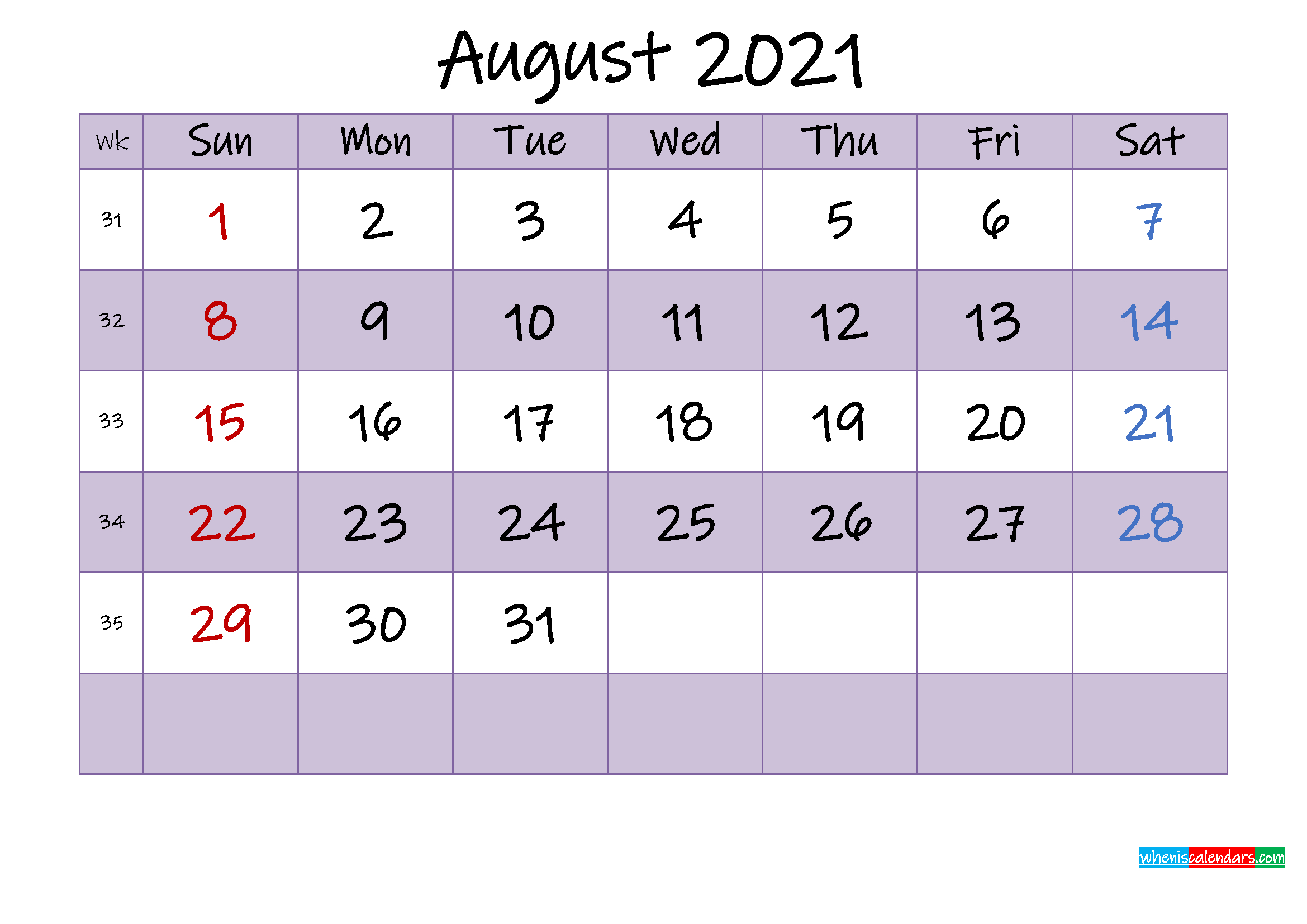 Editable August 2021 Calendar - Template Noink21M464