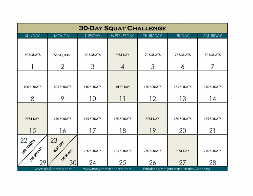 30-Day Squat Challenge Calendar - Calendar Template 2020