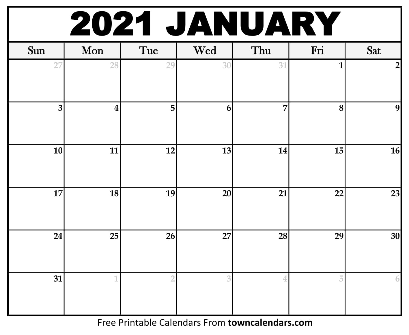 Printable January 2021 Calendar - Towncalendars