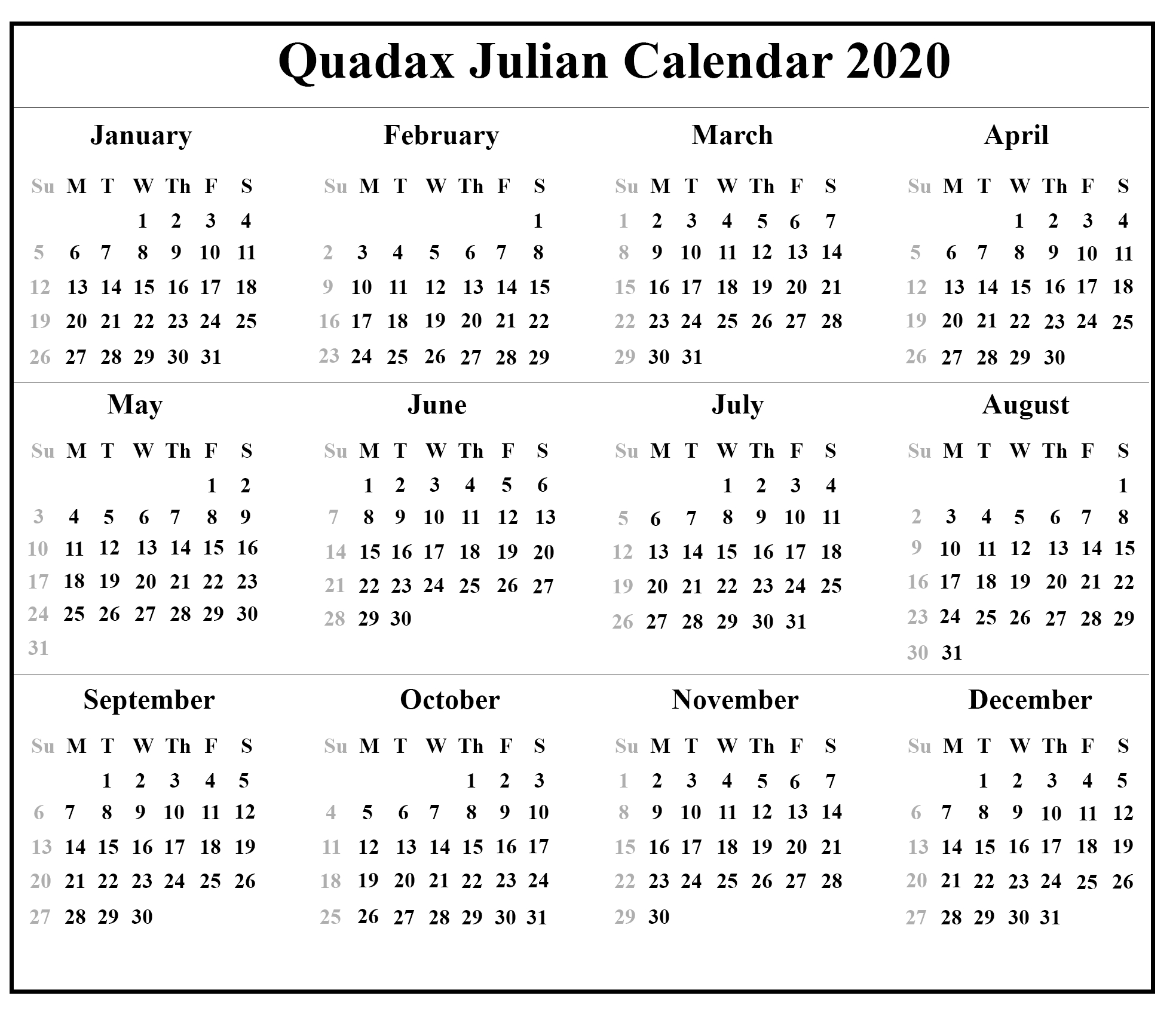 Quadax-Julian-Calendar-2020 | Printable Calendar Diy