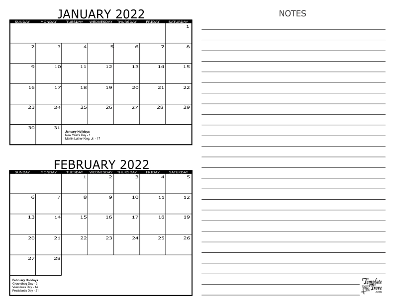 2 Month Calendar - 2022