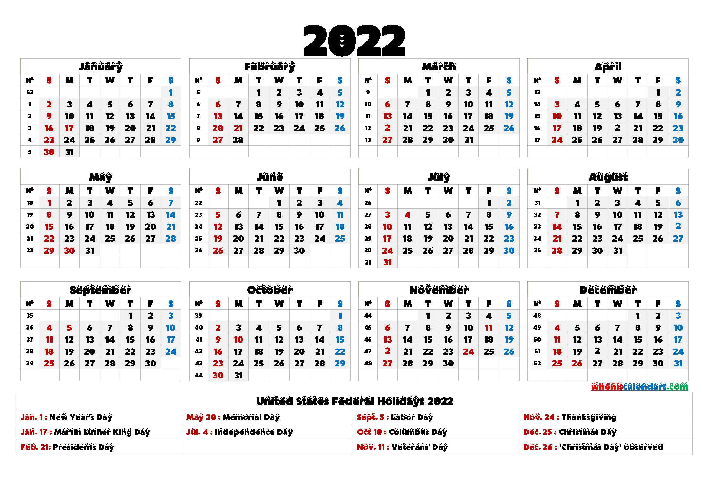 20+ 2022 Calendar With Holidays Printable - Free Download Printable Calendar Templates ️