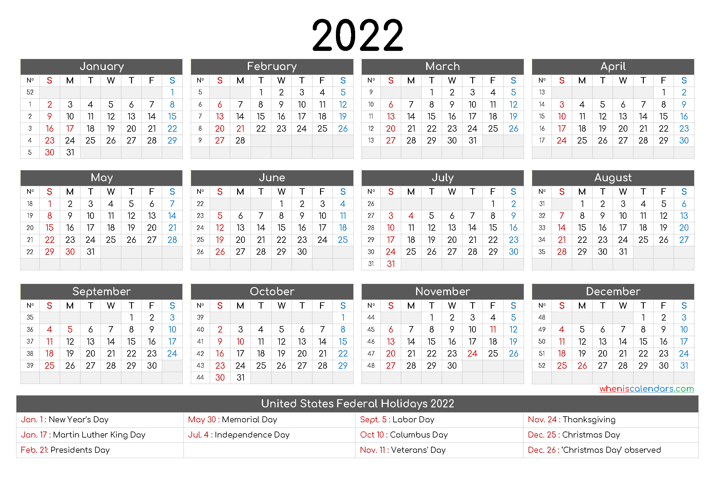 20+ 2022 Calendar With Holidays Printable - Free Download