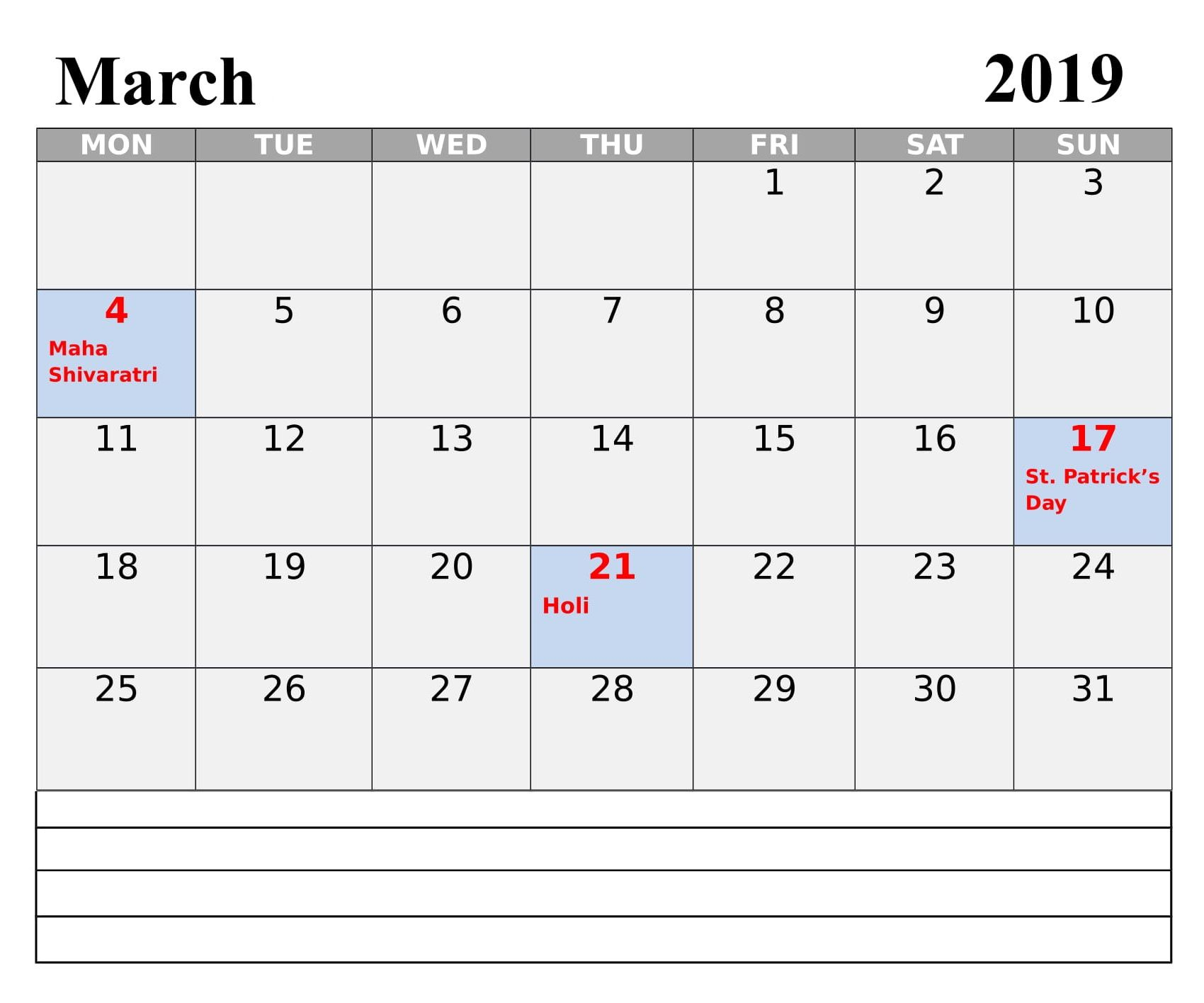 20+ March 2019 Holidays - Free Download Printable Calendar