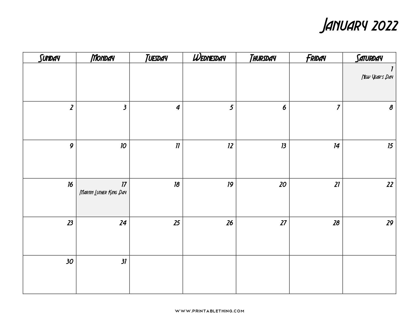 20+ Printable January 2022 Calendar With Holidays, Blank, Free