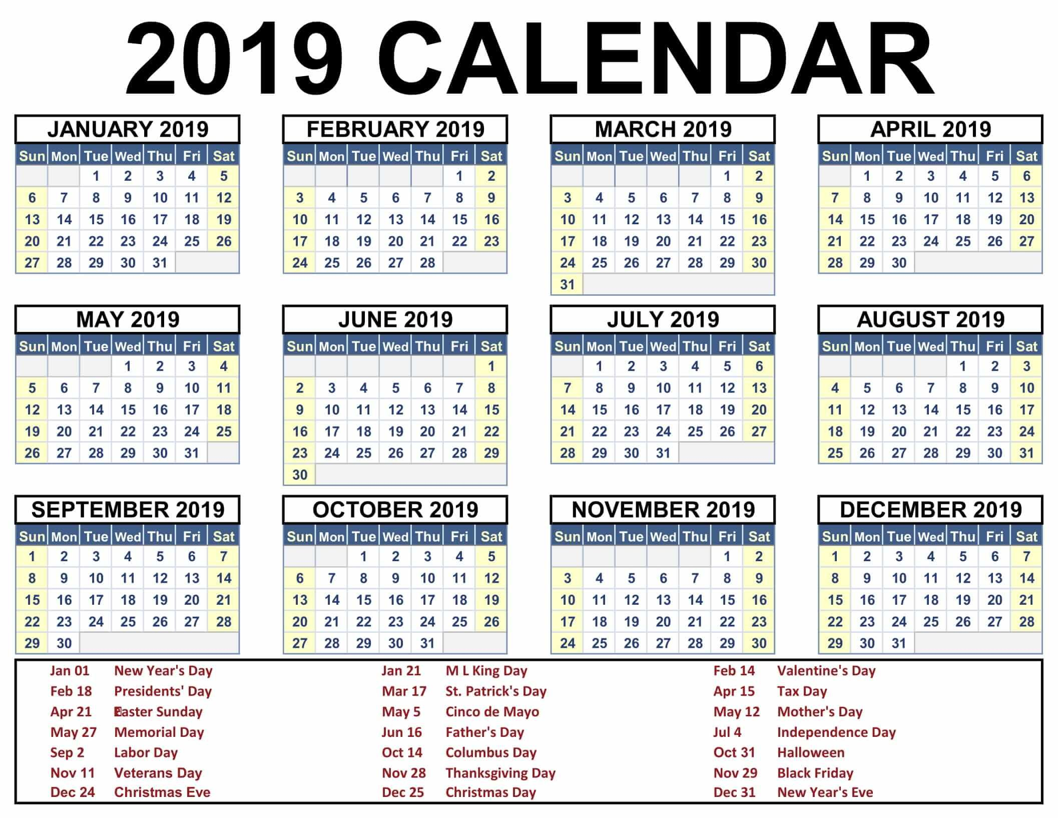 2019 Calendar With Jewish Holidays - Free Download