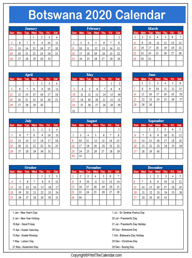 2020 Holiday Calendar Botswana | Botswana 2020 Holidays