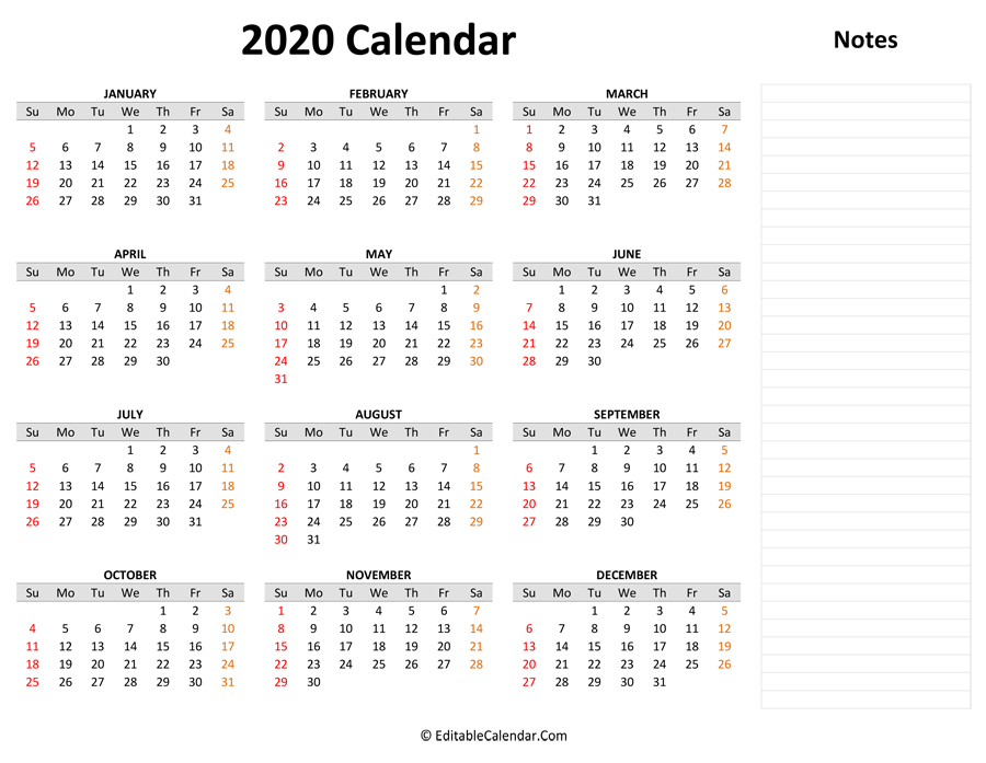 2020 Yearly Calendar With Notes