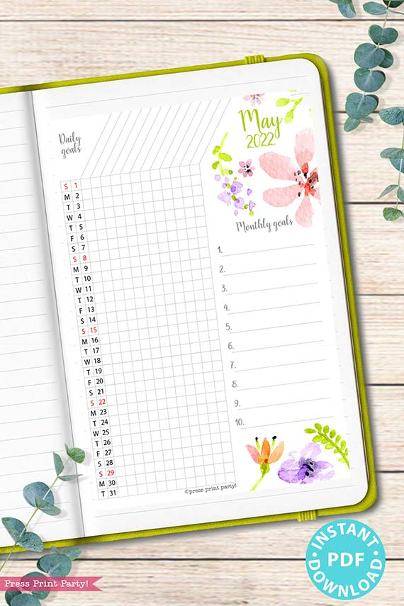 2021-2022 Printable Calendar Set, Watercolor [For Bullet