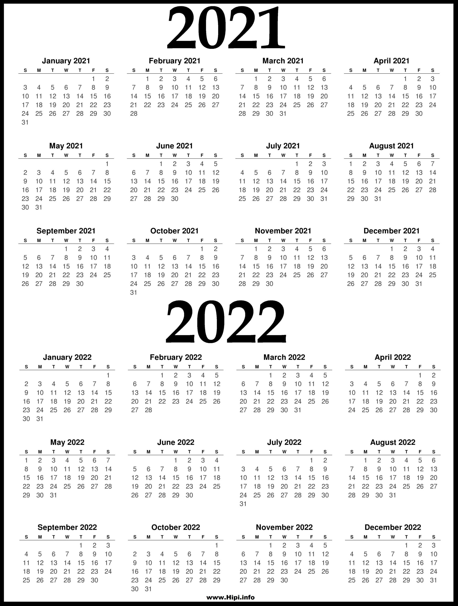 2021 And 2022 Printable Calendar - 2 Year Calendar - Hipi