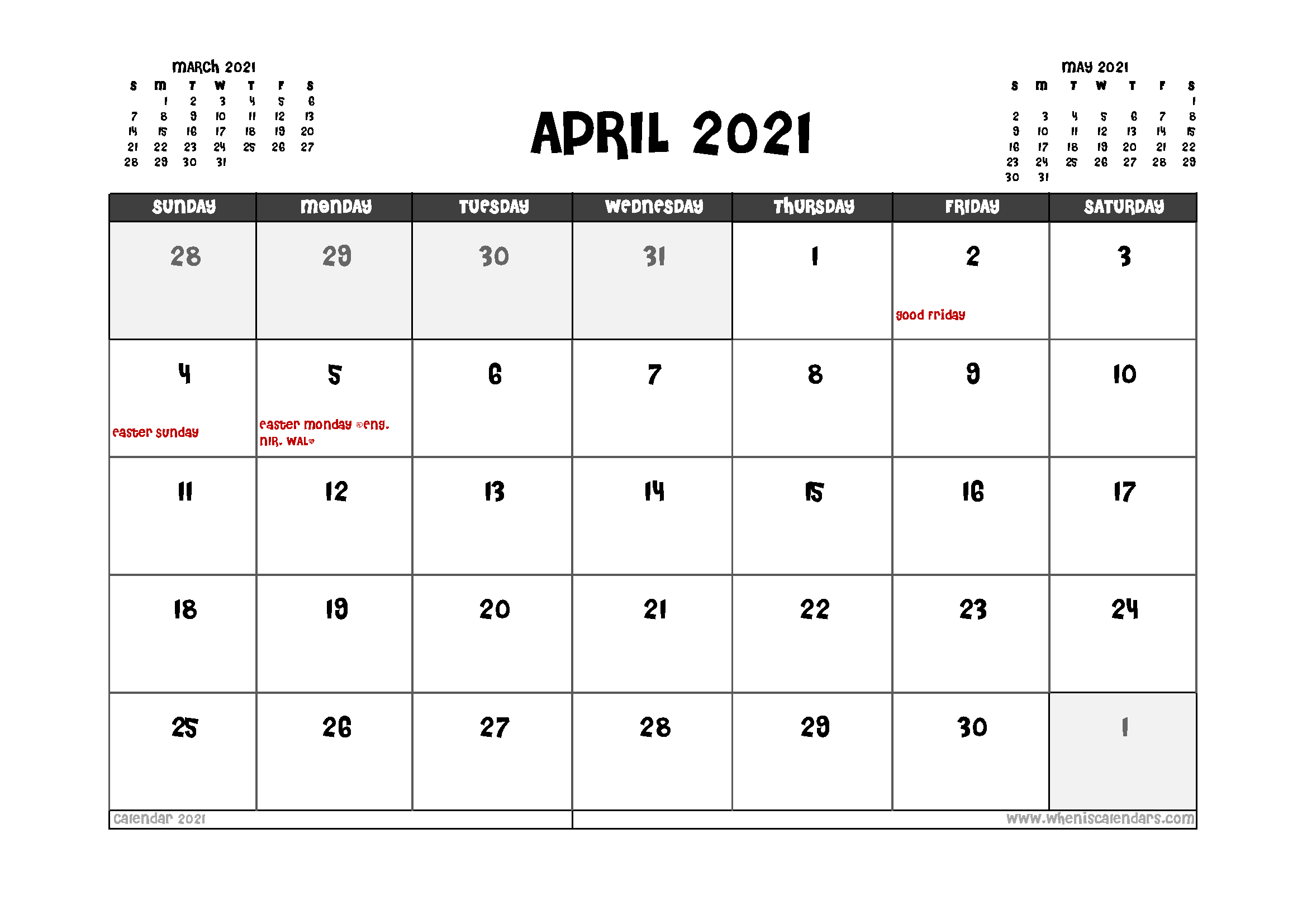 2021 April Calendar With Holidays - Yearmon