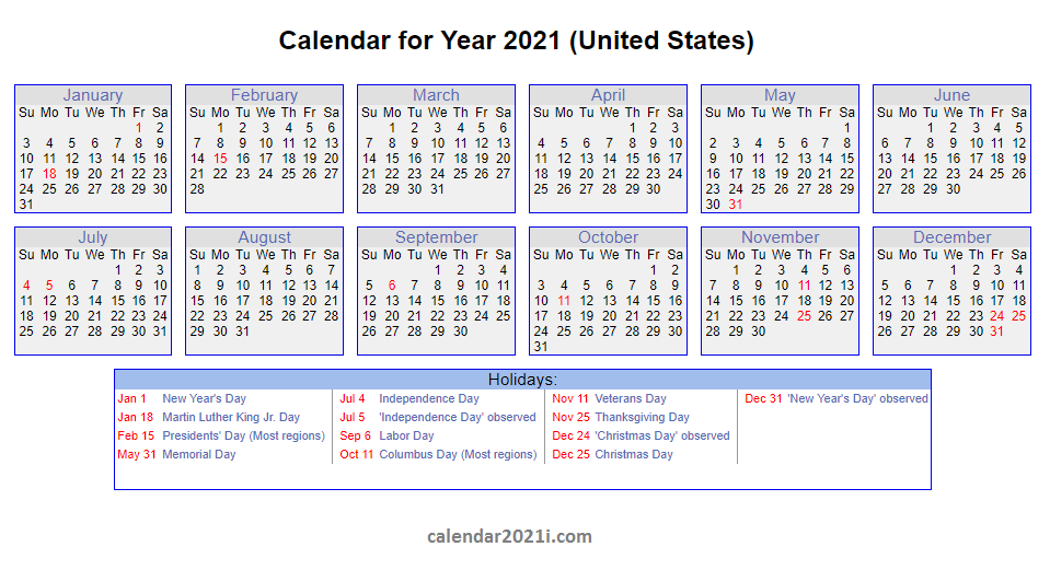 2021 Calendar With Holidays | Calendar 2021