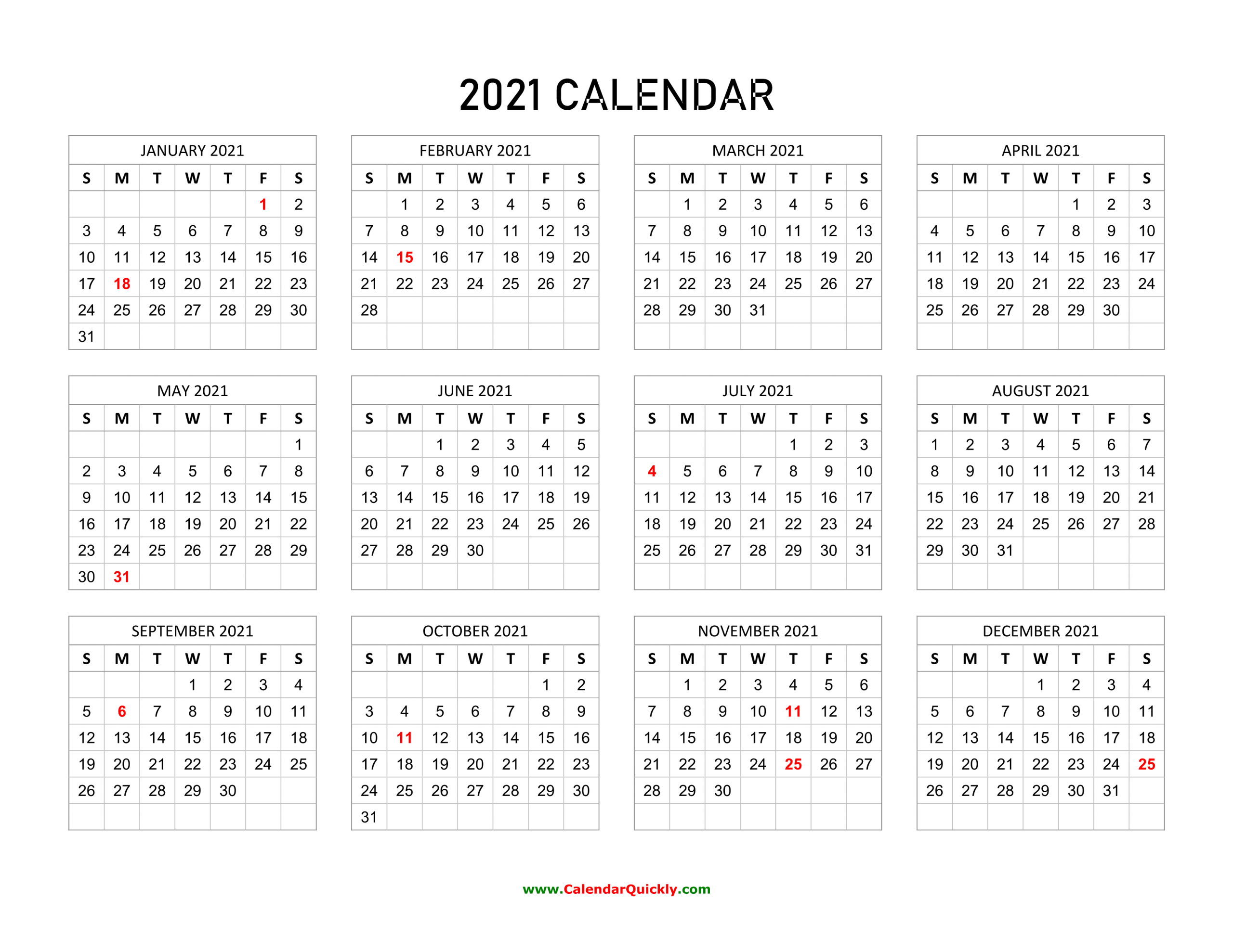 2021 Calendar With Holidays | Calendar Quickly
