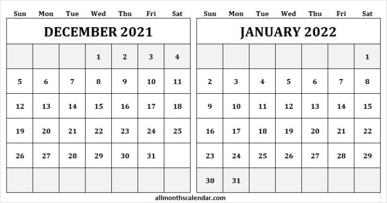 2021 December 2022 January Calendar - Dec 2021 Calendar