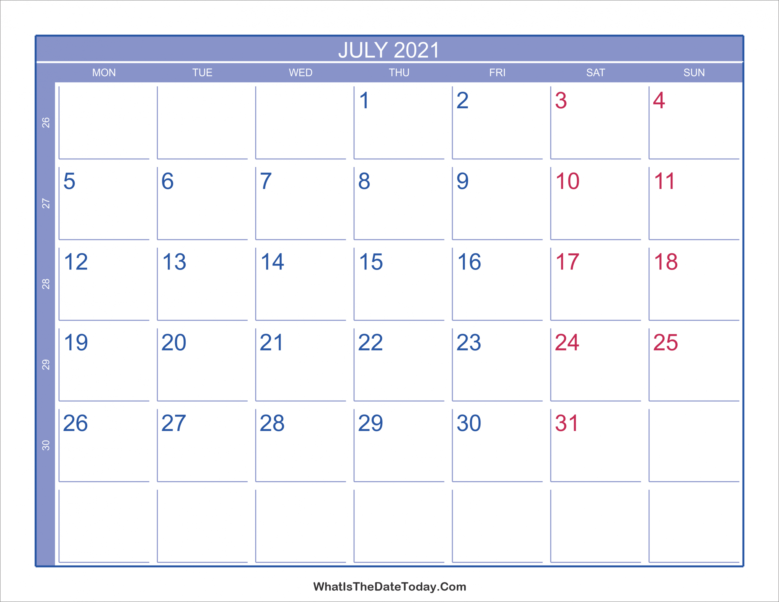 2021 July Calendar With Week Numbers | Whatisthedatetoday