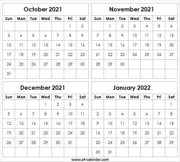 2021 October To 2022 January Calendar A4 - Calendar Oct