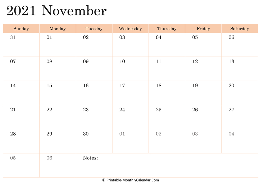 2021 Printable Calendar November