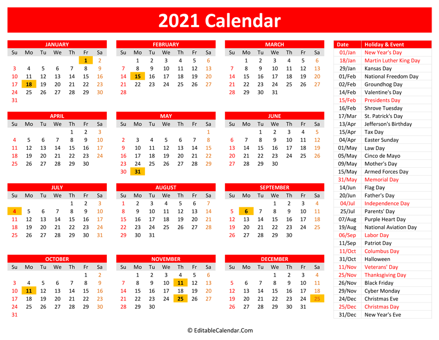 2021 Printable Calendar With Holidays