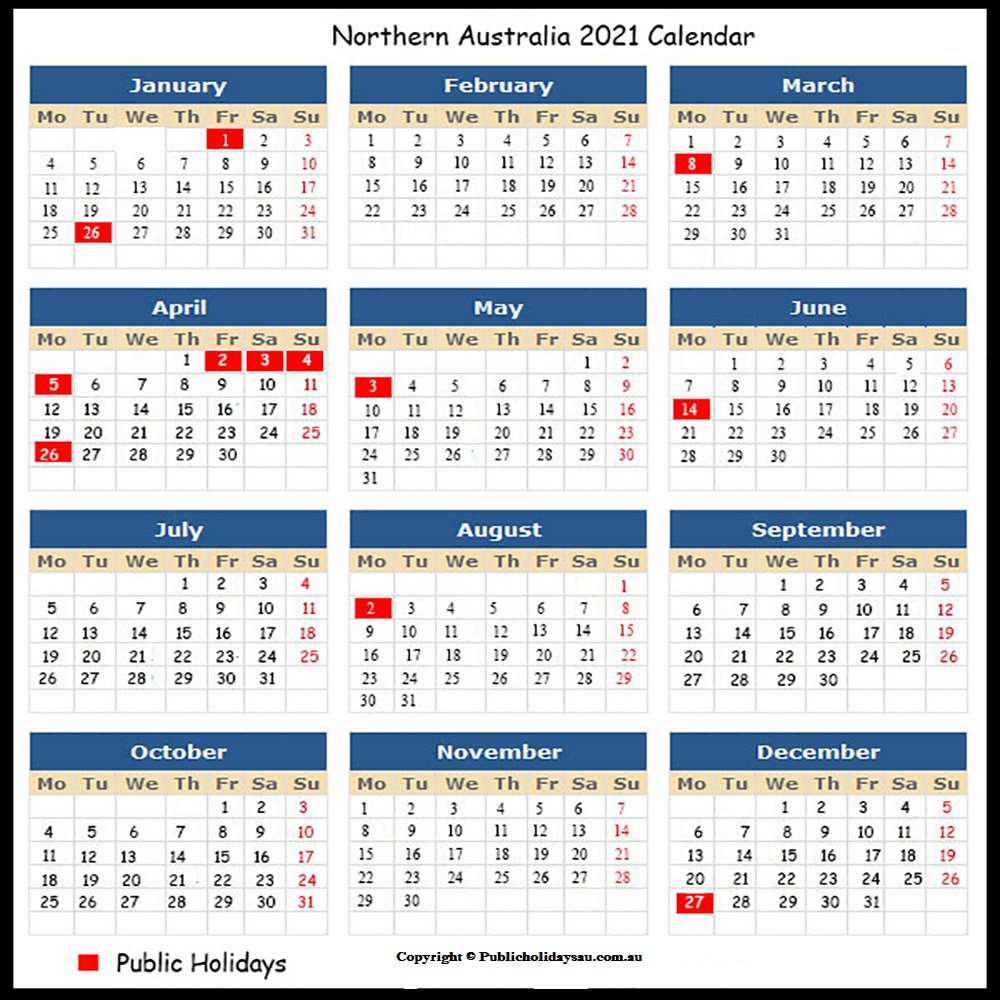 2021 Public Holidays Nt