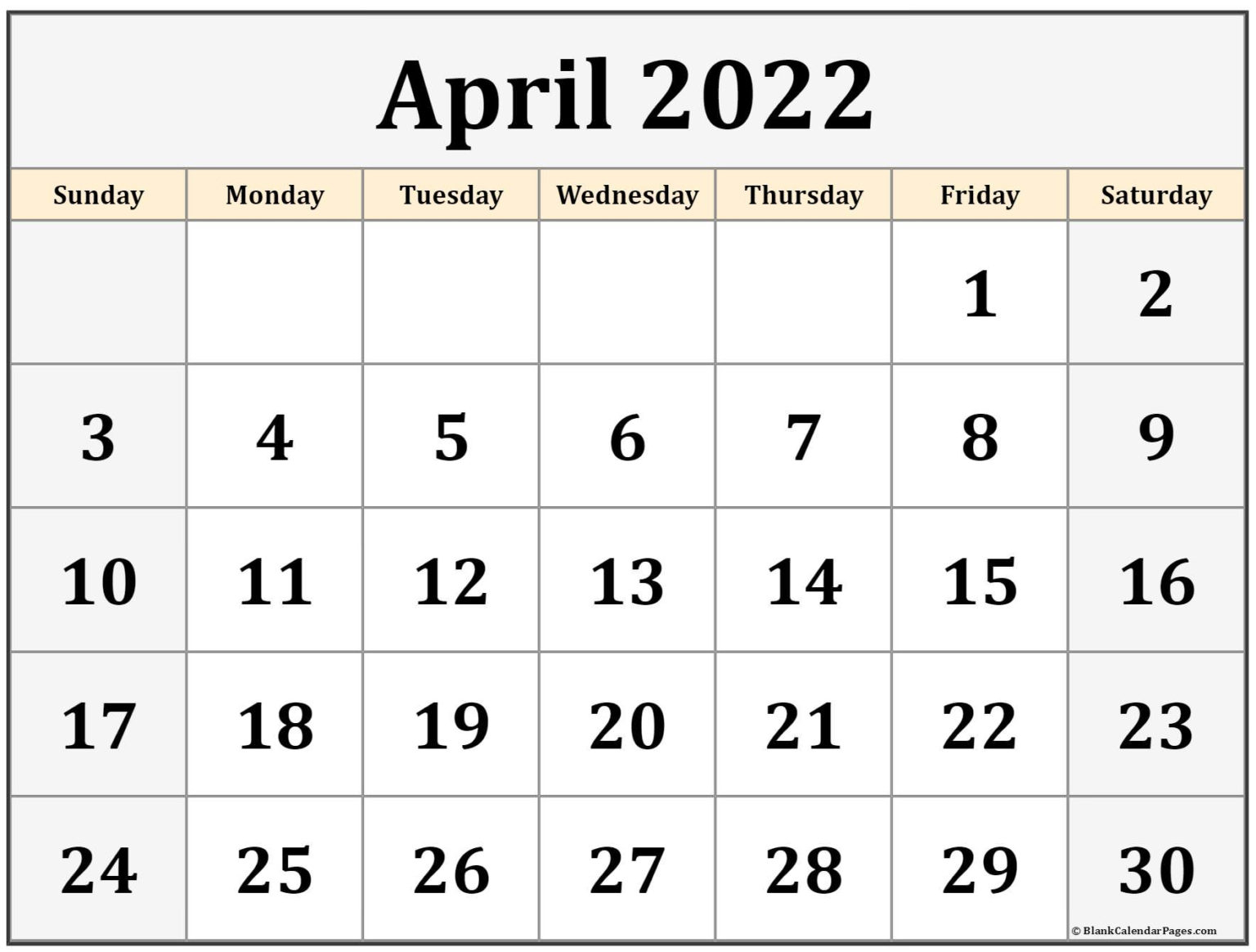 2022 April Calendar Printable - Monthly Calendars Printable