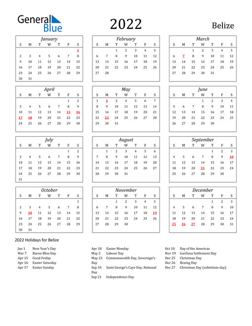 2022 Calendar - Belize With Holidays