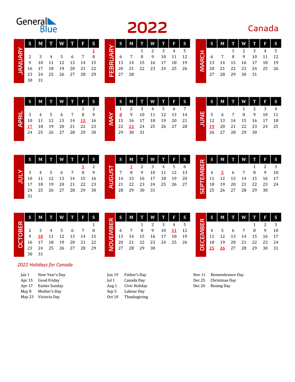 2022 Calendar Canada Printable With Holidays Pdf