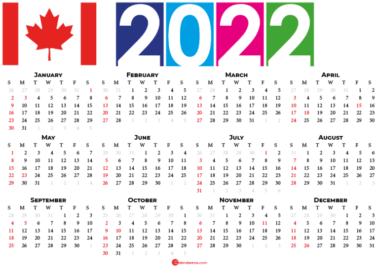2022 Calendar Canada With Holidays And Weeks Numbers