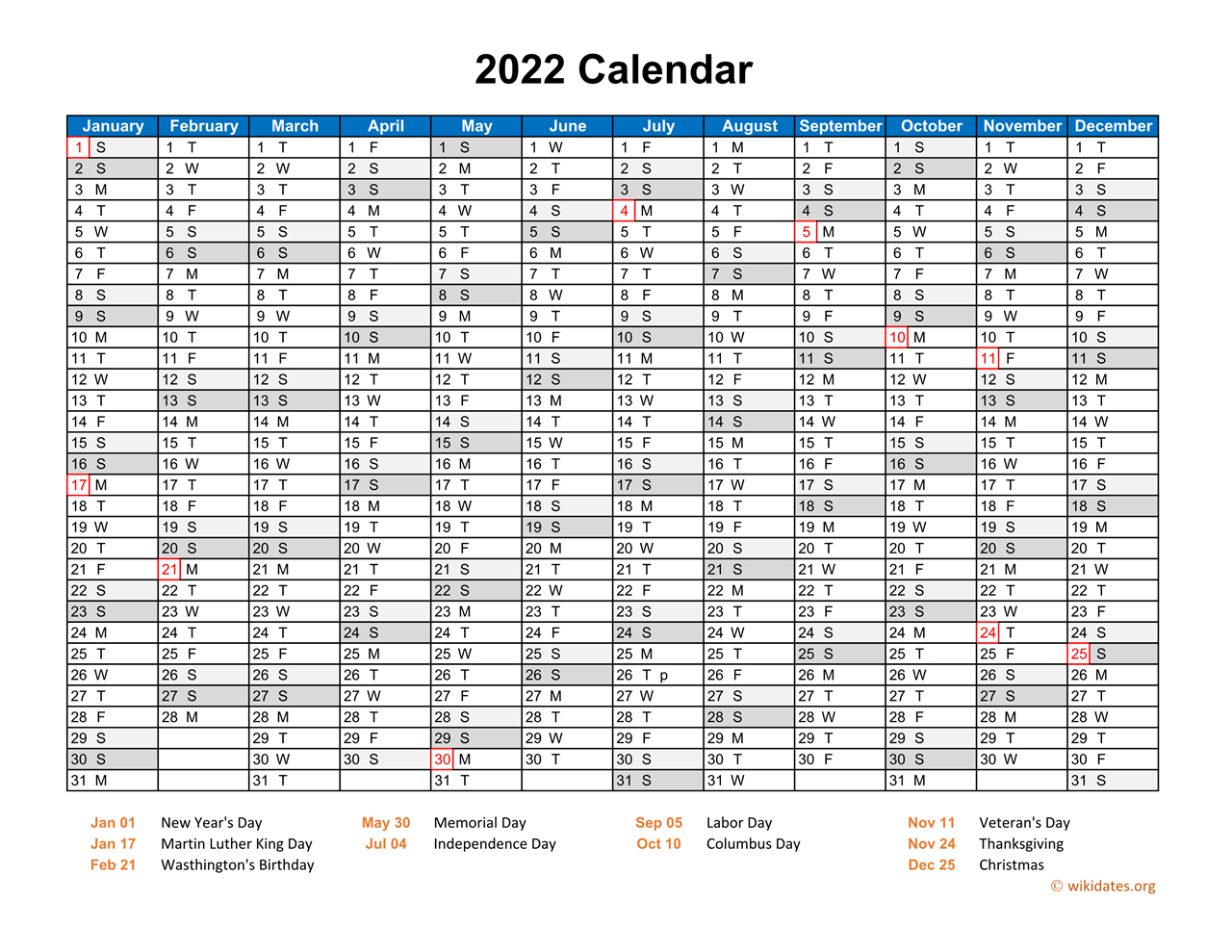 2022 Calendar Horizontal, One Page | Wikidates