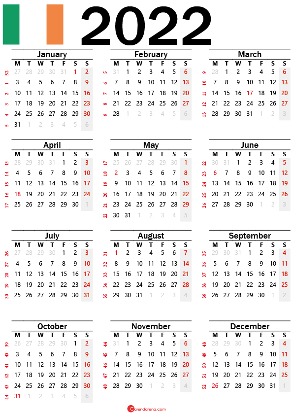 2022 Calendar Ireland With Holidays And Weeks Numbers