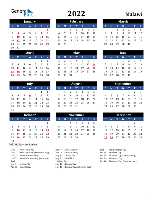 2022 Calendar - Malawi With Holidays