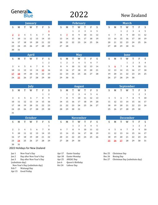 2022 Calendar - New Zealand With Holidays | Calendar