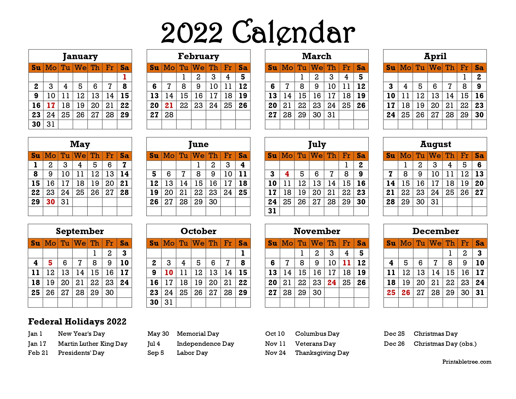 2022 Calendar One Page Synopsis