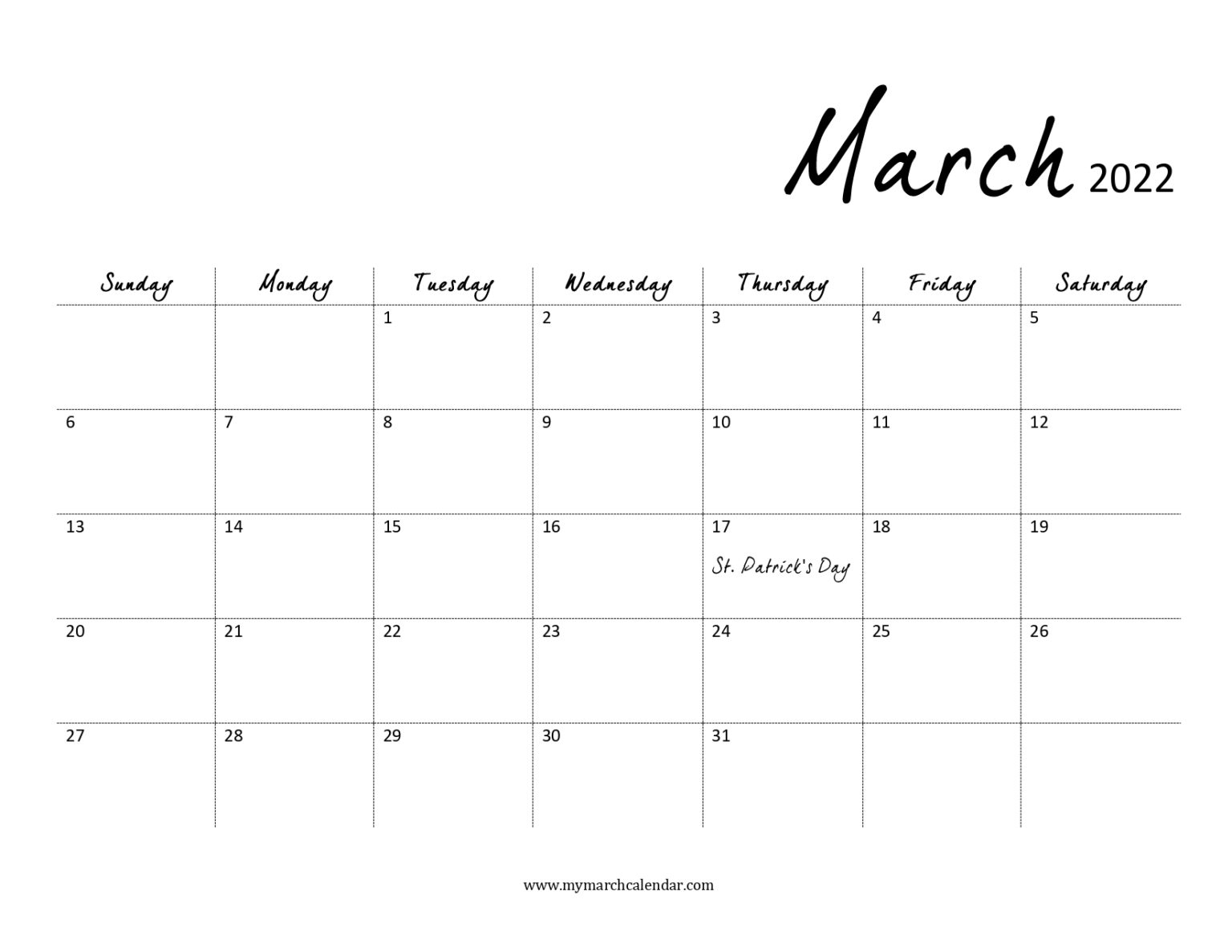 2022 Calendar Printable Pdf March - Monthly Calendars