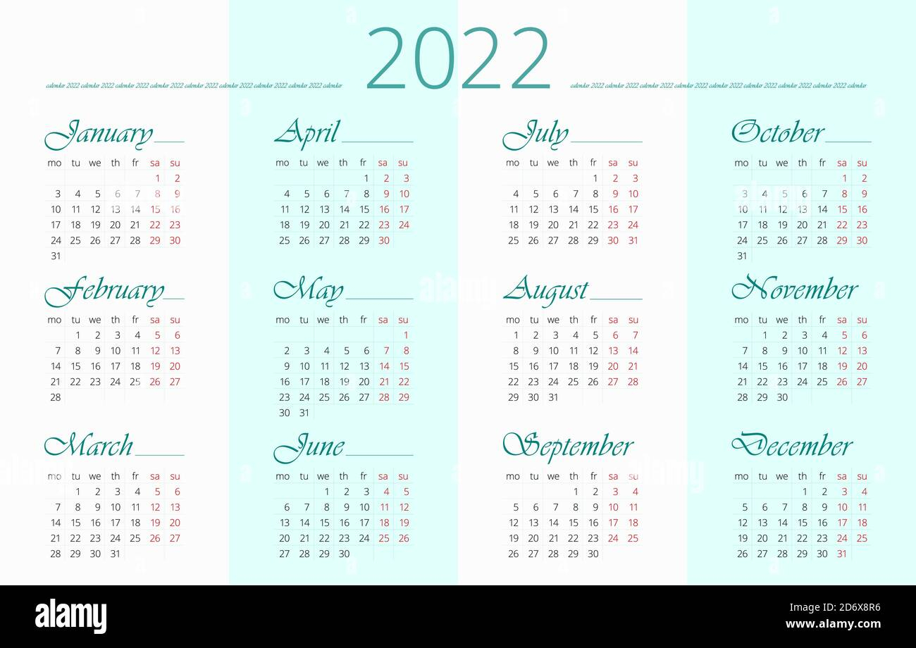 2022 Calendar Template In English 12 Months Week Starts