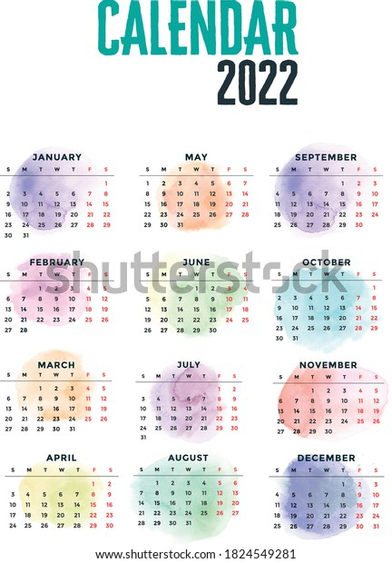 2022 Calendar Watercolour Style Vector Stock Vector