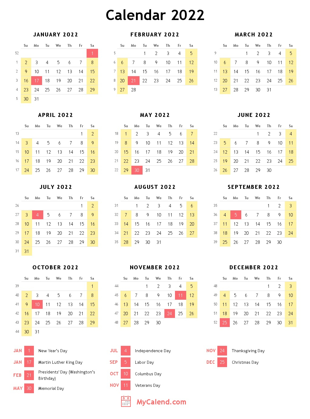 2022 Calendar With Holidays - Free Printable Calendar