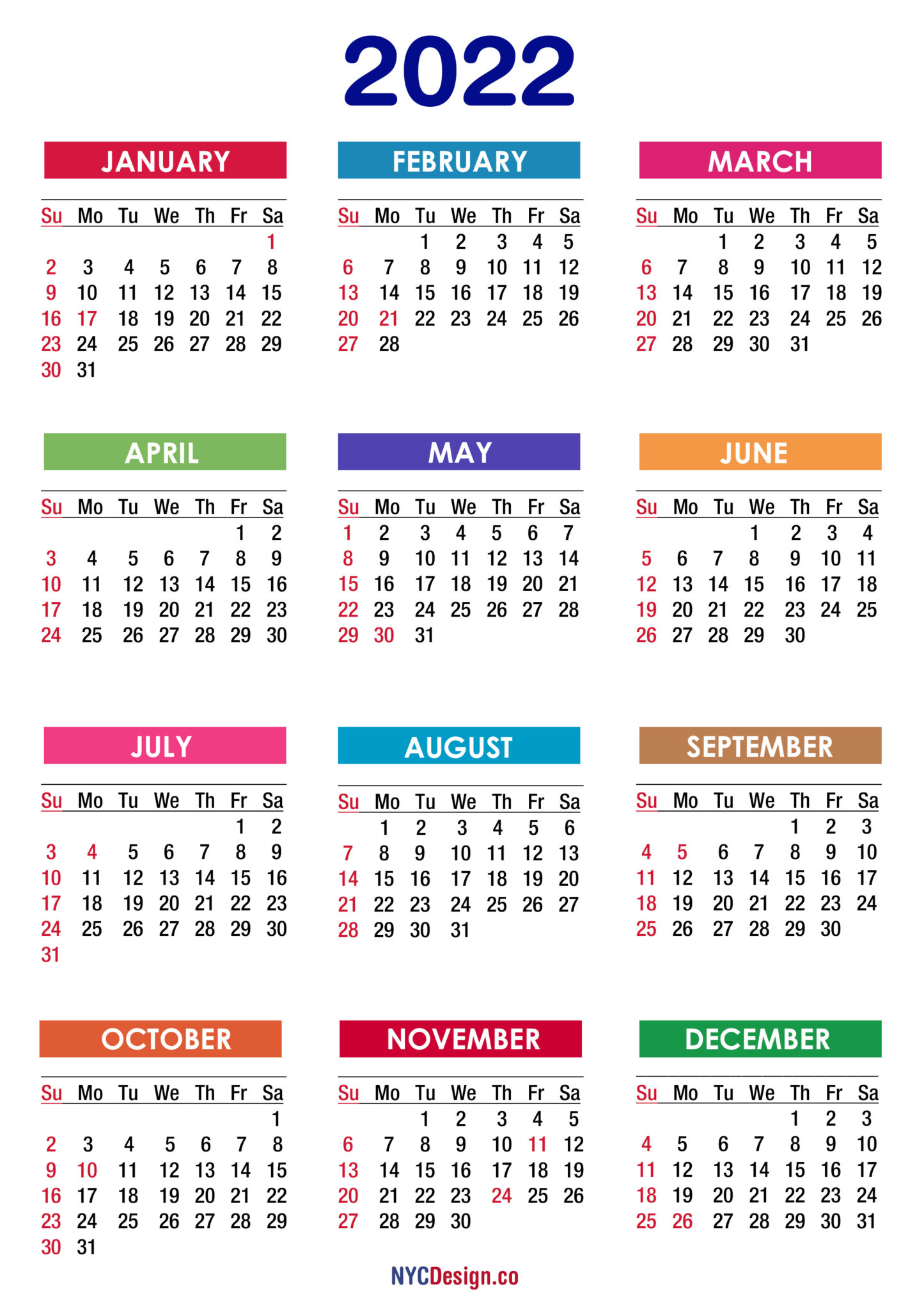 2022 Calendar With Holidays, Printable Free, Pdf, Colorful