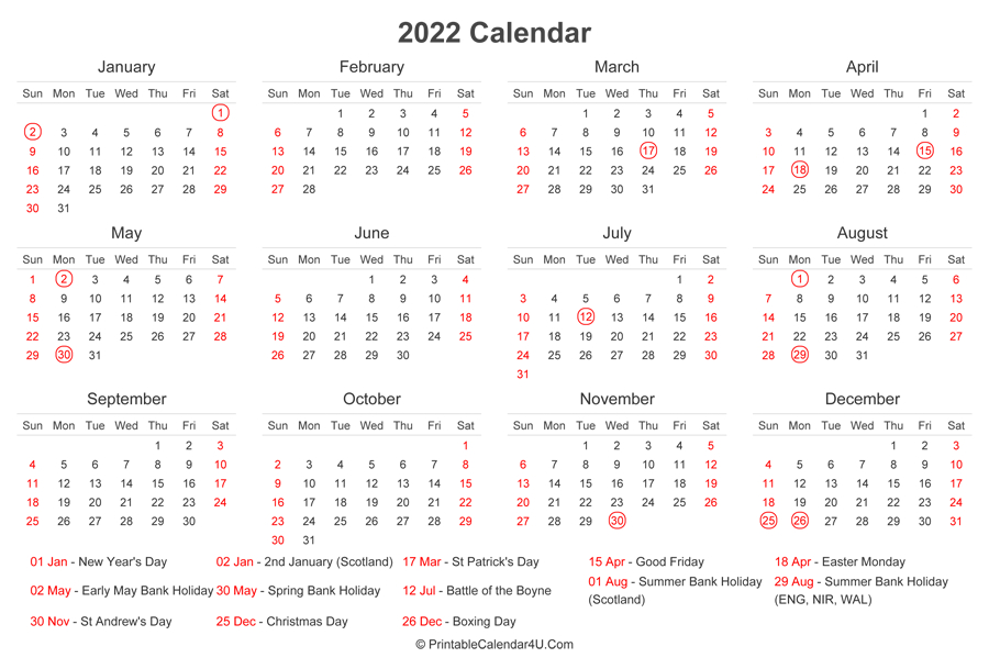 2022 Calendar With Uk Bank Holidays At Bottom (Landscape