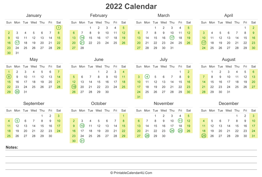 2022 Calendar With Us Holidays And Notes (Landscape Layout)